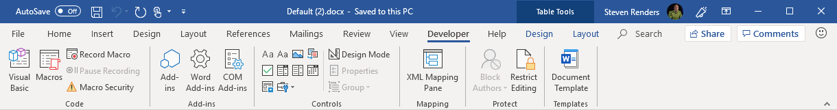 Capture d'&eacute;cran de l'onglet D&eacute;veloppeur dans le ruban.