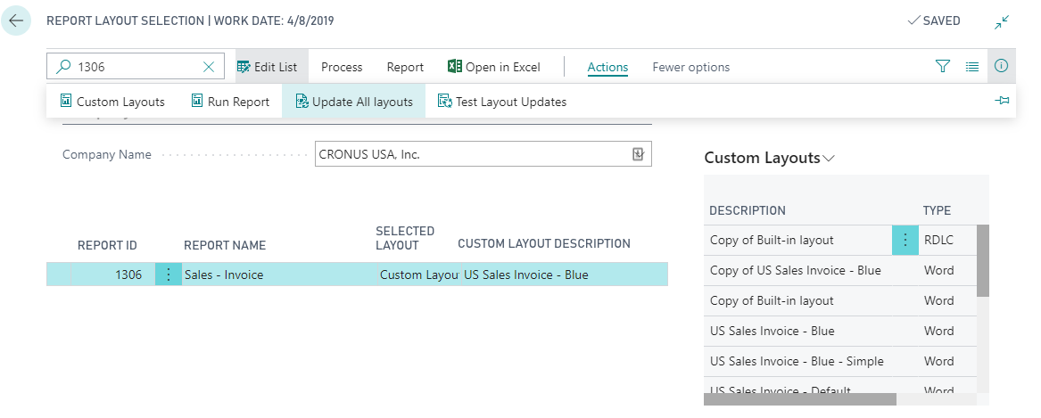 Capture d'&eacute;cran de l'action Mettre &agrave; jour toutes les mises en page.