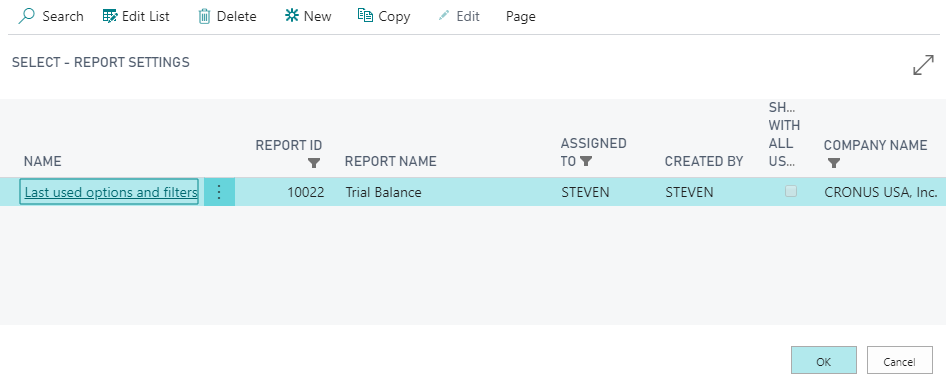 Capture d'&eacute;cran du rapport des entr&eacute;es des param&egrave;tres enregistr&eacute;s pour tous les utilisateurs.